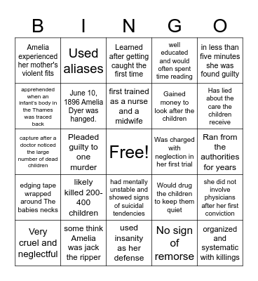 Amelia Dyer Bingo Card