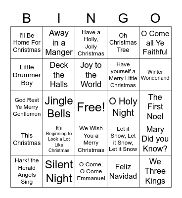 DND/YEHSS Christmas Song Bingo Card