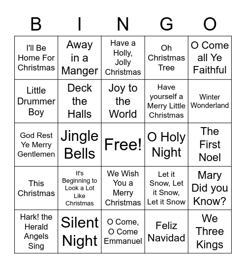 DND/YEHSS Christmas Song Bingo Card