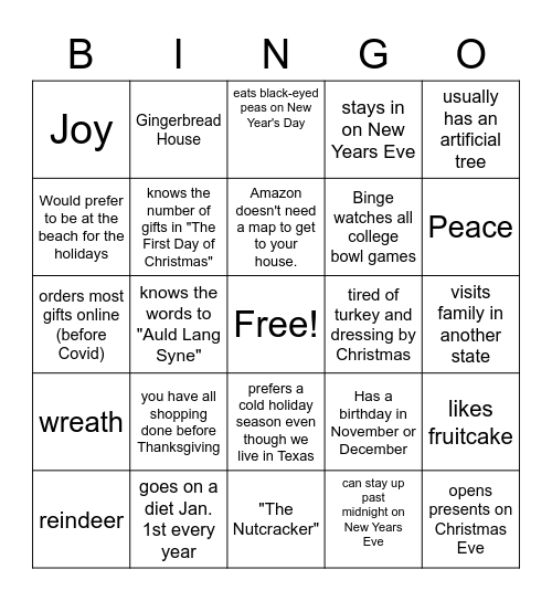 PT/OL Crew Winter Holidays Bingo Card