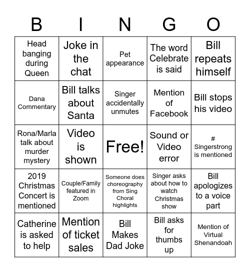 Singers Bingo Card