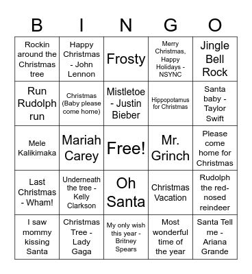 Christmas Songs Bingo Card