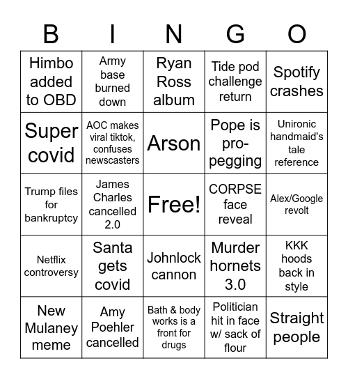 December 2020 Bingo Card
