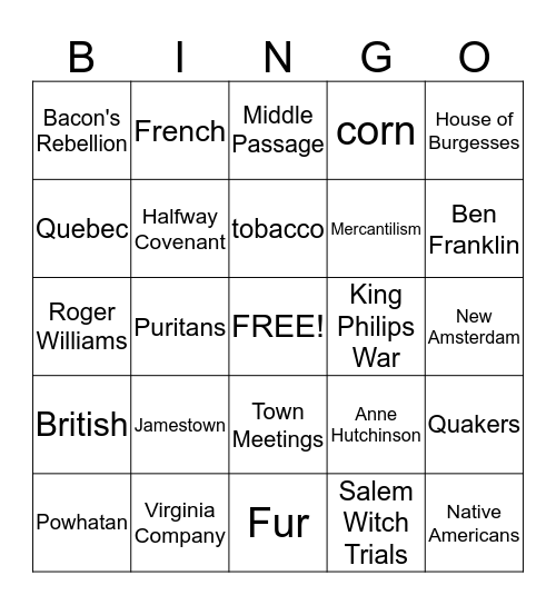 Unit 1 Review Bingo Card