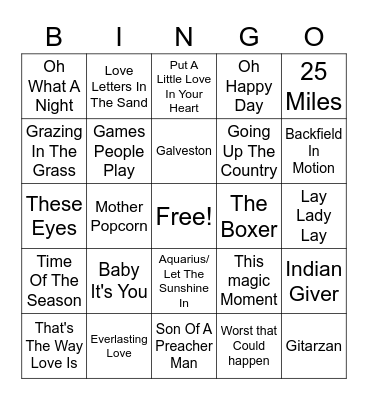 60's Hits Bingo Card