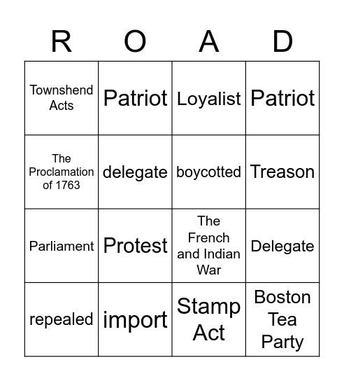 The Road to the Revolution Bingo Card