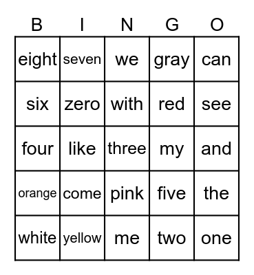 Sight words Bingo Card