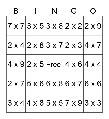 Multiplication Facts Bingo Card