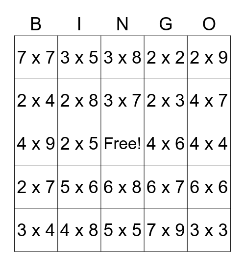 Multiplication Facts Bingo Card