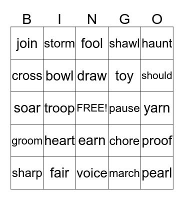 Spelling Word Bingo Card