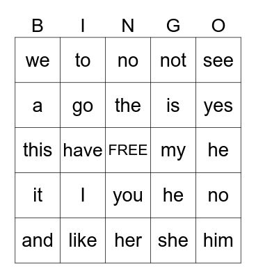 Sight Words Bingo Card