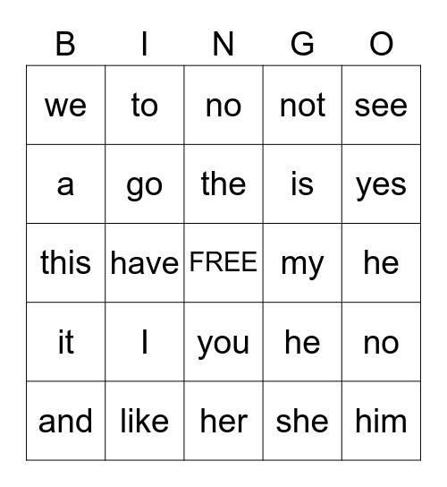 Sight Words Bingo Card