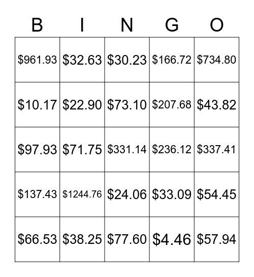 Percent BINGO! Bingo Card