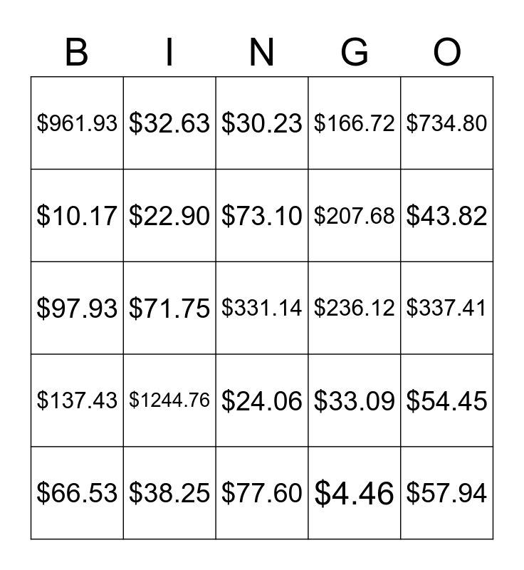 Percent BINGO! Bingo Card