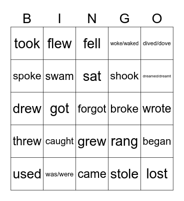 Irregular verbs BINGO Card