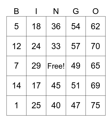 Number Bingo 1-75 Bingo Card