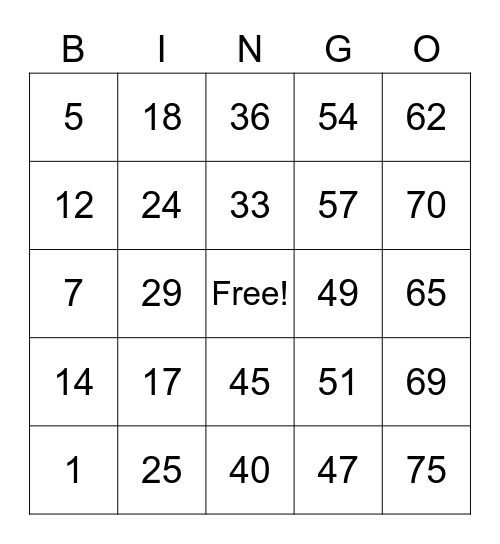 Number Bingo 1-75 Bingo Card