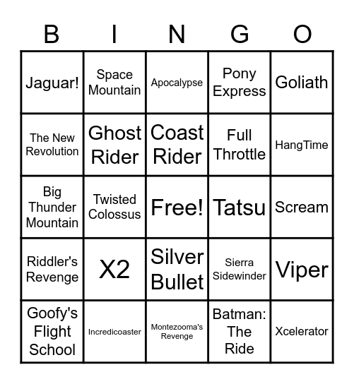 SoCal Roller Coasters Bingo Card