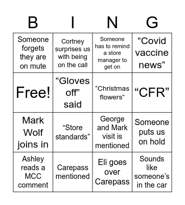 Tuesday call Bingo Card