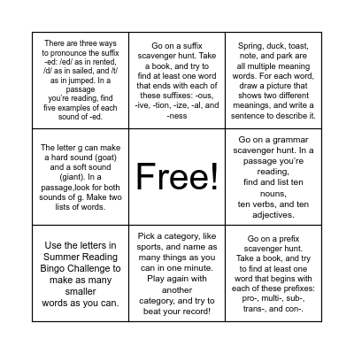 Literacy Building Bingo Card