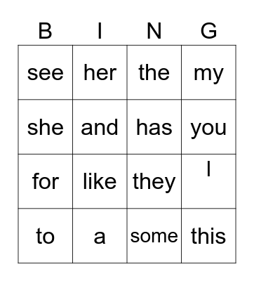 Kindergarten Sight Words Bingo Card