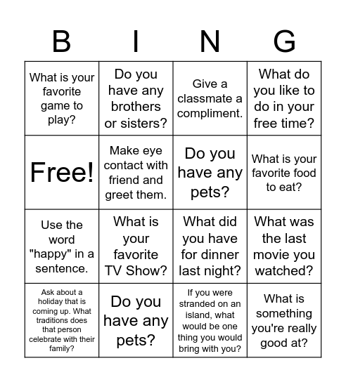 Conversation Initiation Bingo Card