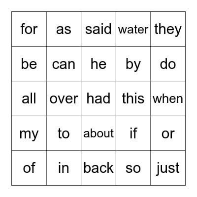 Sight Words Bingo Card