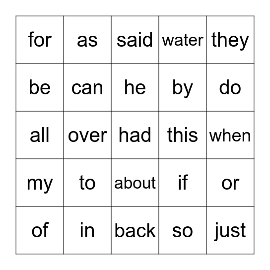 Sight Words Bingo Card