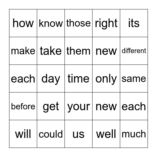 Sight Words #2 Bingo Card