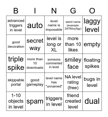 geometry dash recent tab bingo Card