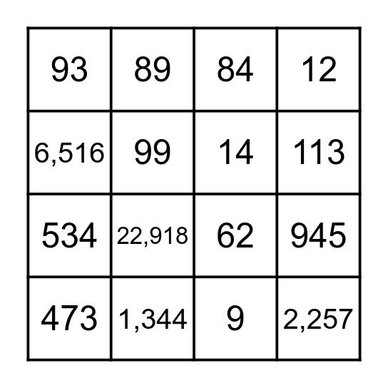 Multiplication and Division Bingo Card