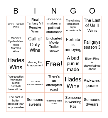 Game Award Bingo Card