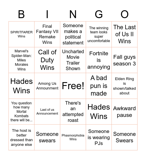 Game Award Bingo Card