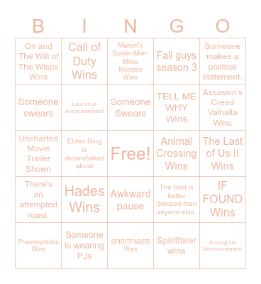 Game Award Bingo Card