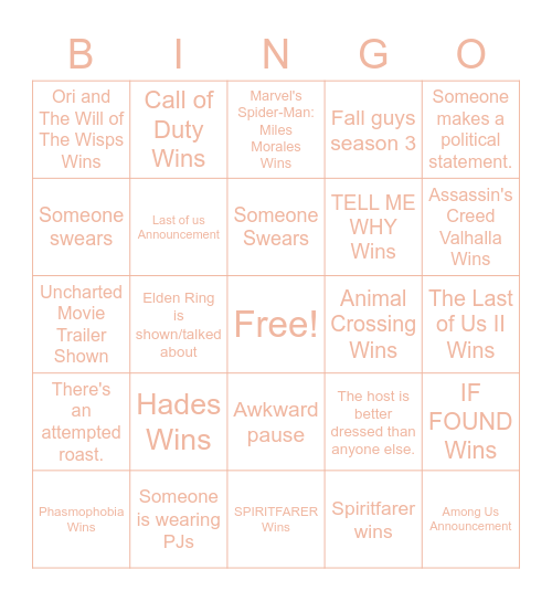 Game Award Bingo Card