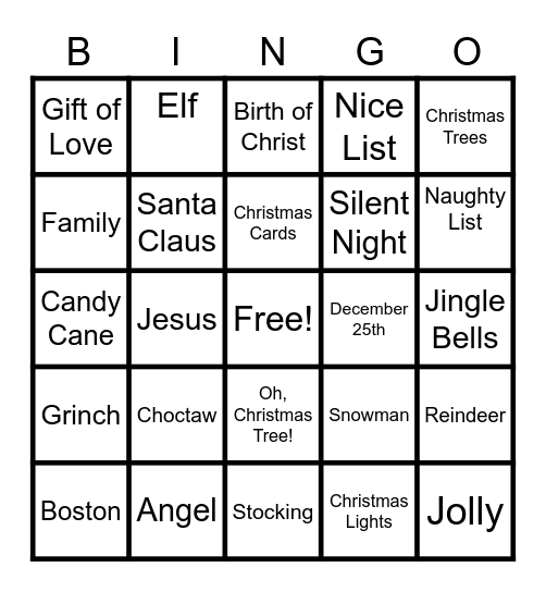 Family Christmas Zoom Bingo Card