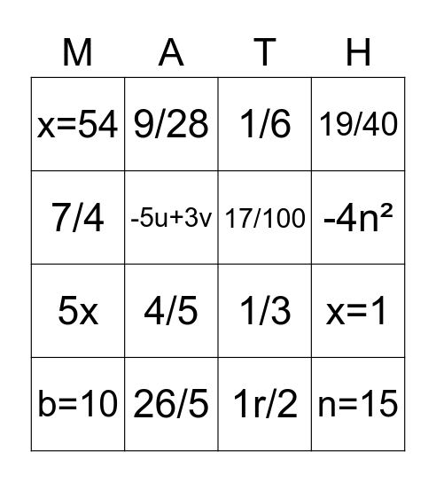 Bingo math Bingo Card