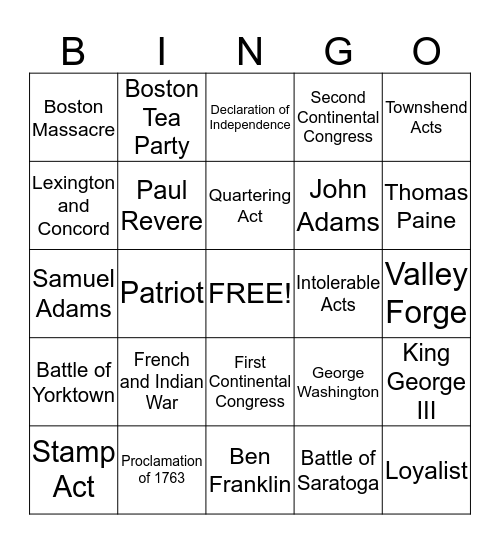 American Revolution  Bingo Card