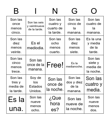 La hora Bingo Card