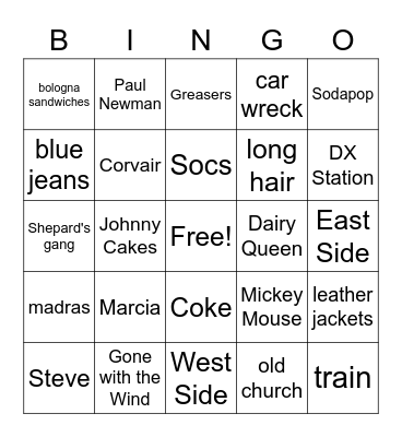 The Outsiders Bingo Card