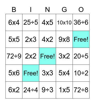 Multiplication and Division Bingo Card