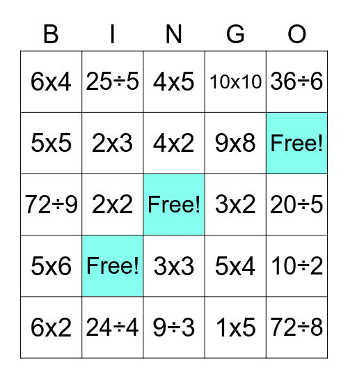 Multiplication And Division Bingo Card