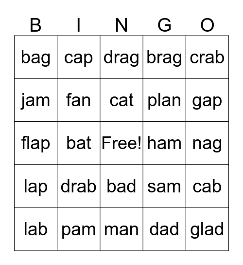 Short "a" Bingo Card