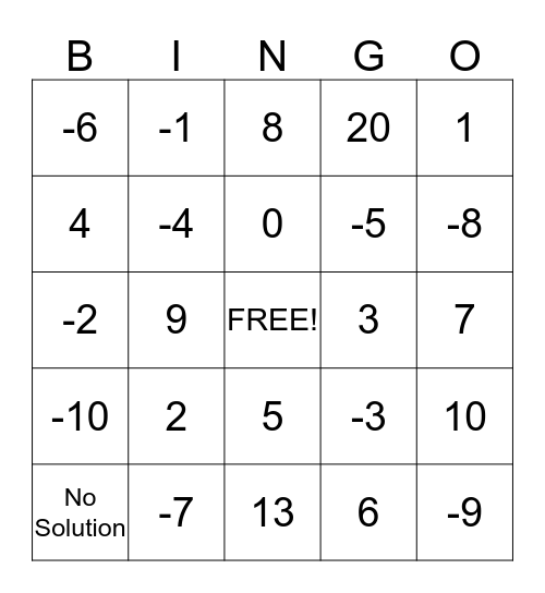 Algebra Bingo Card