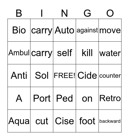Root Words Bingo Card