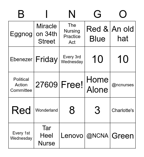NCNA Winter Team Day Bingo Card