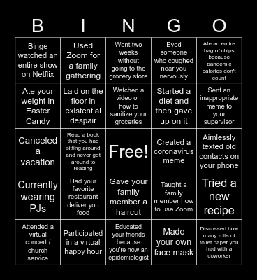 Social Distancing Bingo Card