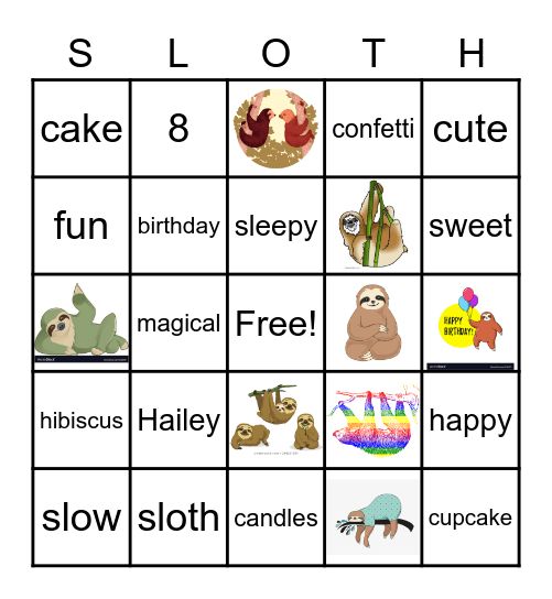 Hailey's Sloth Birthday Bingo Card