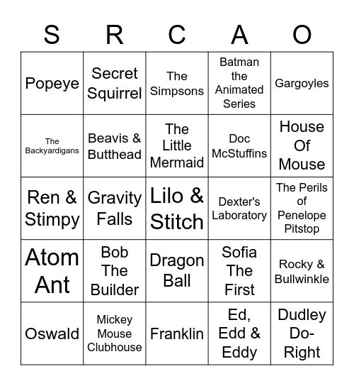 CARTOONS Bingo Card