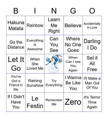 Animated Movie Songs Bingo Card